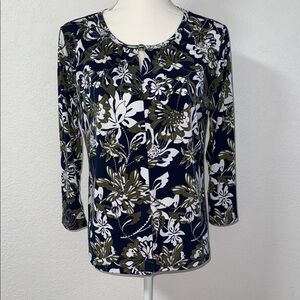 LIZ CLAIBORNE Navy and Olive Floral Blouse